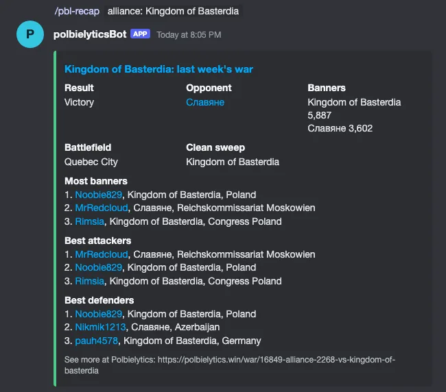 polbielyticsBot's war recap for Kingdom of Basterdia: result, opponent, banners, battlefield and top players