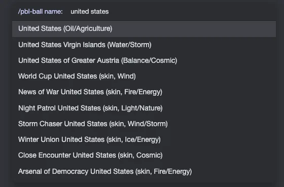 Name suggestions while typing a ball's name: United States and its skins, each with its typing